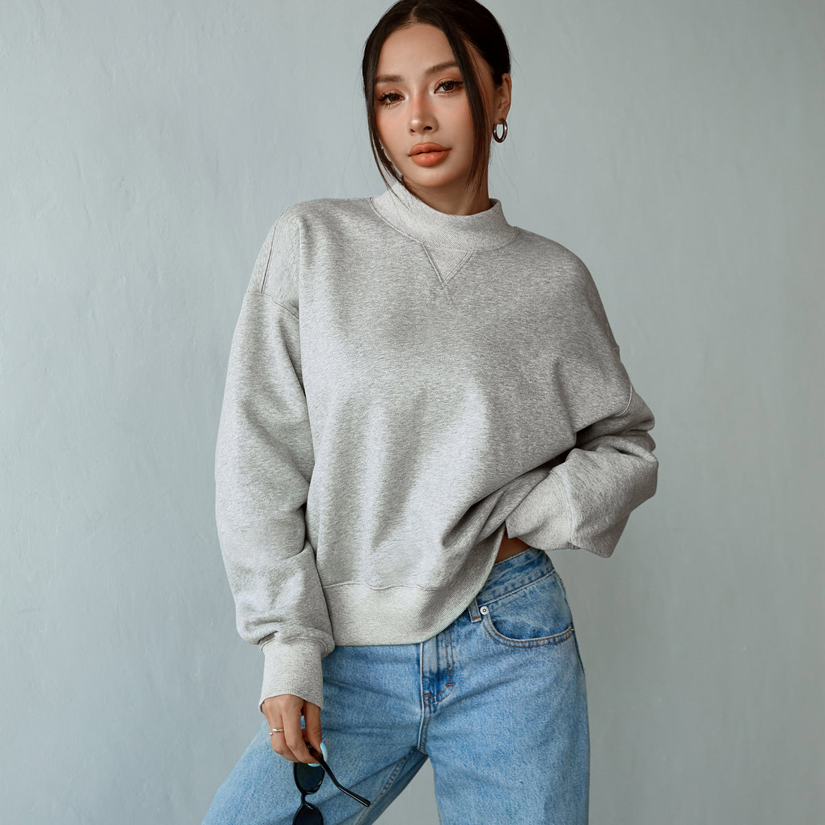 Florboom Women's Cropped Mock Neck Sweatshirt 85% Cotton Relaxed Fit Pullover Fall Top