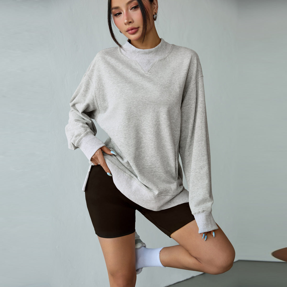 Florboom Women's Long Oversized Sweatshirts Mock Neck Pullover Long Sleeve Side Split Tops with Pocket