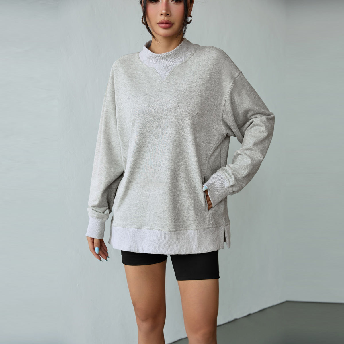Florboom Women's Long Oversized Sweatshirts Mock Neck Pullover Long Sleeve Side Split Tops with Pocket